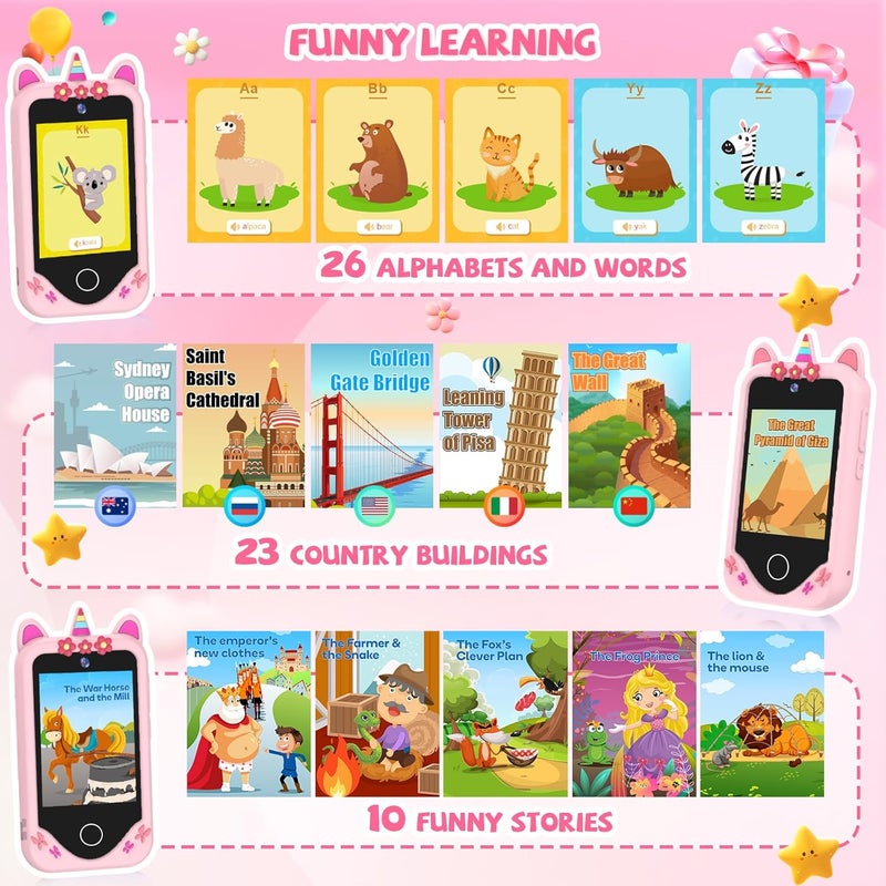 Yosfeng Kids Smart Phone for Girls Gifts - Toddler Christmas Birthday Gift for Age 3 4 5 6 Year Old, Kids Cell Phone Toy with Touchscreen, Dual Cameras, Learning, Kid Mp3 Player, Games with 32 GB Card - Image 5